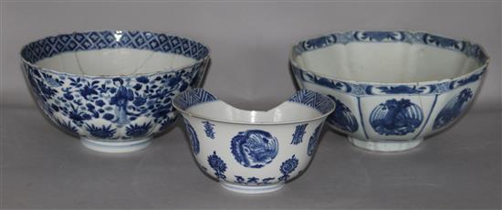Three Chinese blue and white bowls, Kangxi period, damaged repaired